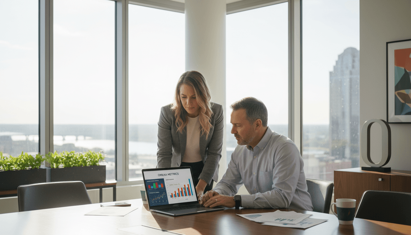 Founder and fractional COO reviewing business performance metrics together in a bright office