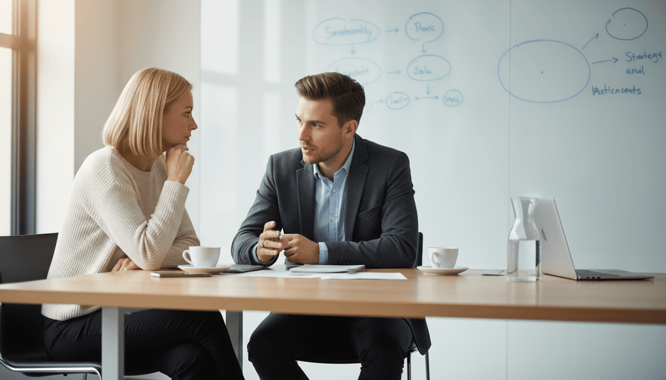 Founder and advisor in focused strategy discussion at a conference table